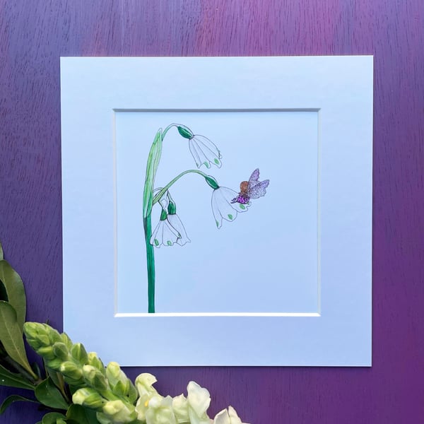 LIMITED EDITION 'Snowdrop Fairy' 8" x 8" Mounted Print