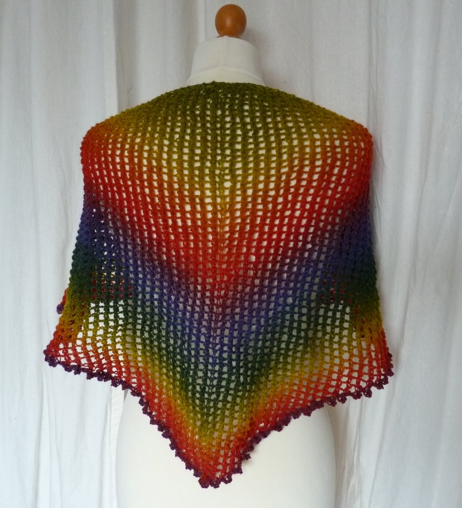 Hand Knit Rainbow Colours Lace Triangular Scarf