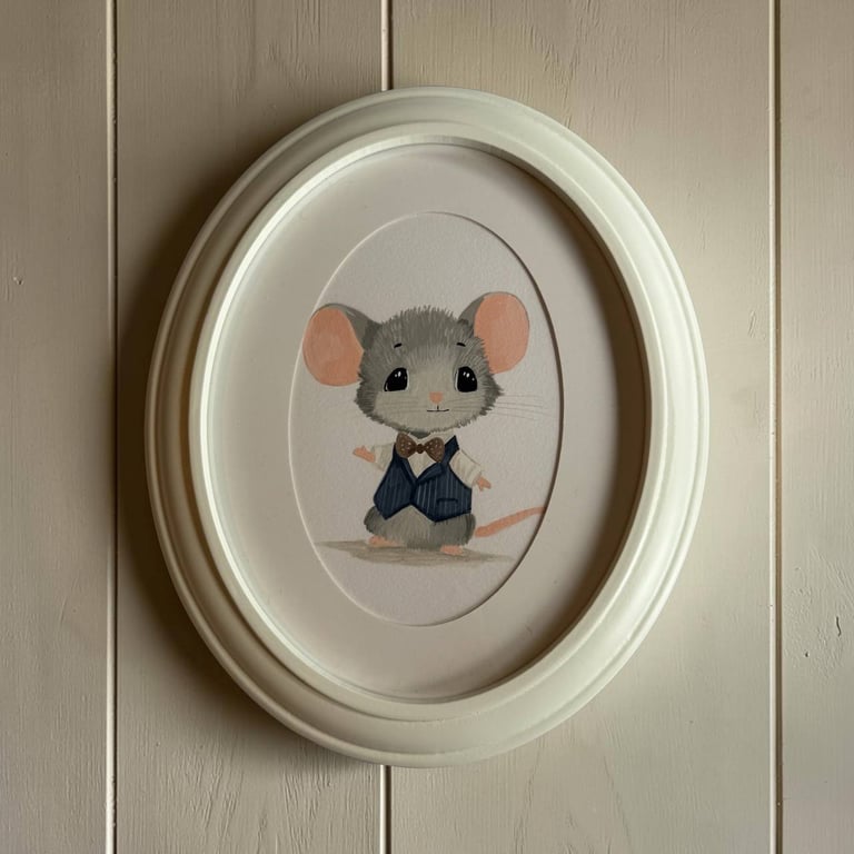 Original Mouse Acrylic Painting in Vintage Oval Frame, Woodland Nursery Art