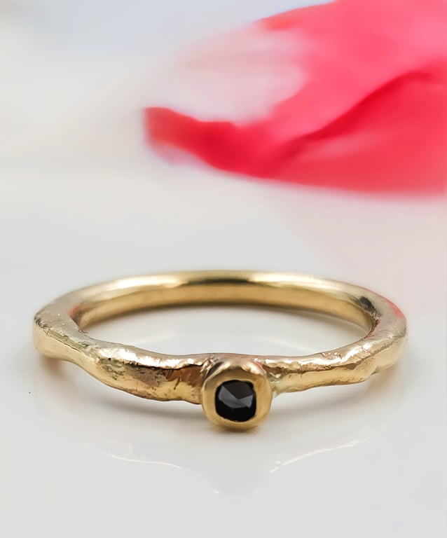 9ct Gold Black Diamond Ring - Rose Cut Stone, Alternative Engagement Ring