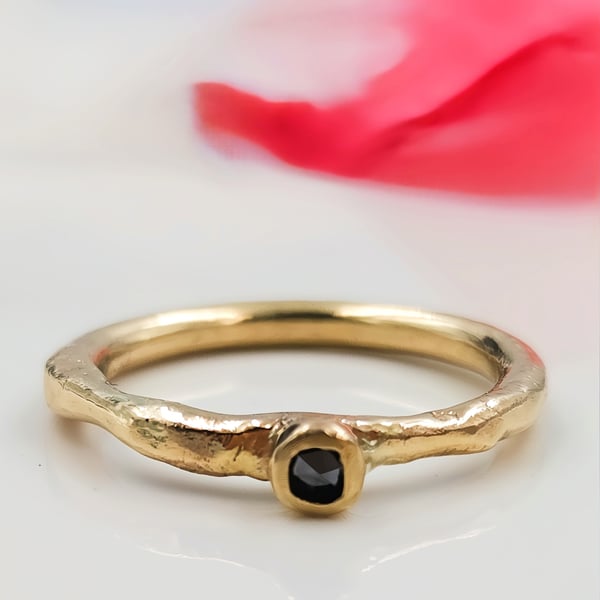 9ct Gold Black Diamond Ring - Rose Cut Stone, Alternative Engagement Ring