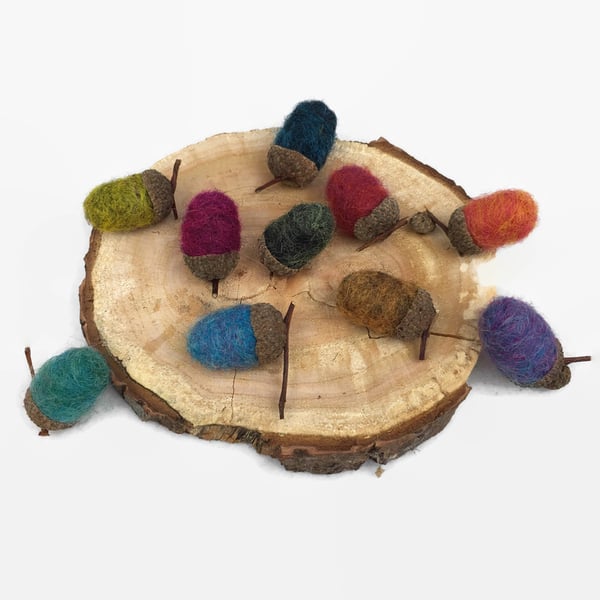 Brightly coloured needle felted acorns, home decoration,pack of 10 