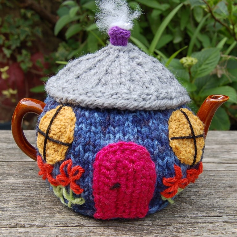 Country cottage tea cosy - hand embroidered, to fit a tea for one or two teapot