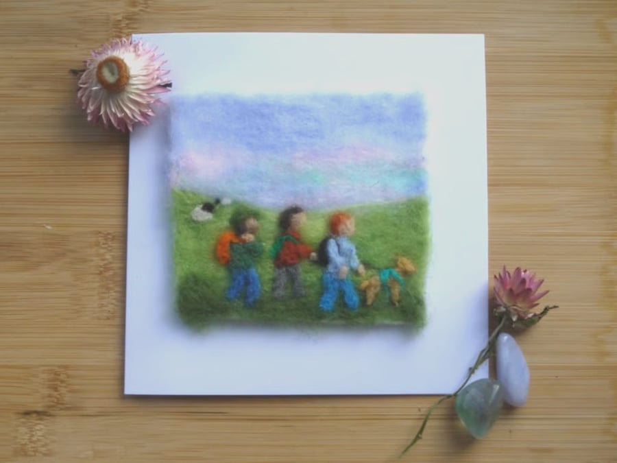 Handmade needle felted Walking Friends greetings card