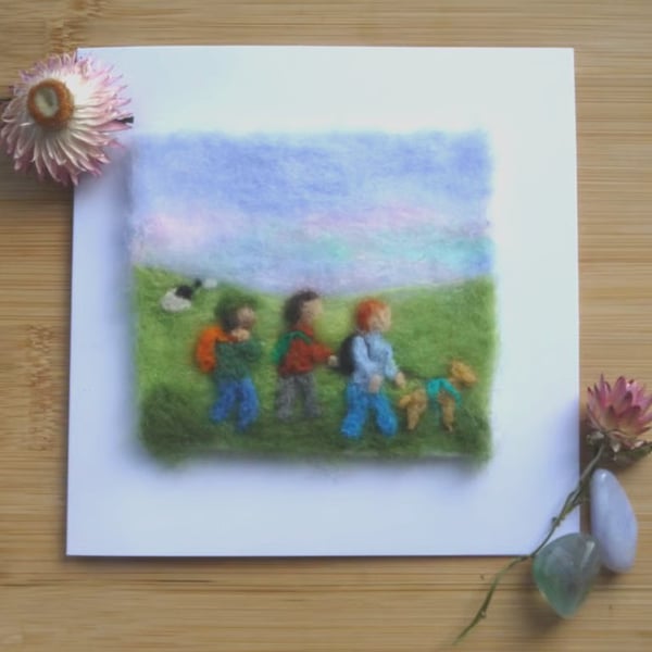 Handmade needle felted Walking Friends greetings card