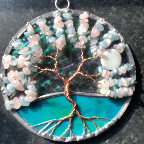 Rose quartz and aquamarine tree of life suncatcher