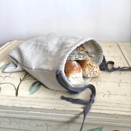 Pure linen medium drawstring bread bag with grey drawstring 