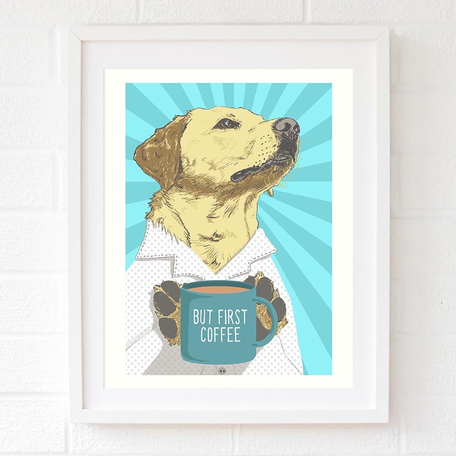 Yellow Lab print, Labrador kitchen art, Personalised Yellow Labrador coffee art