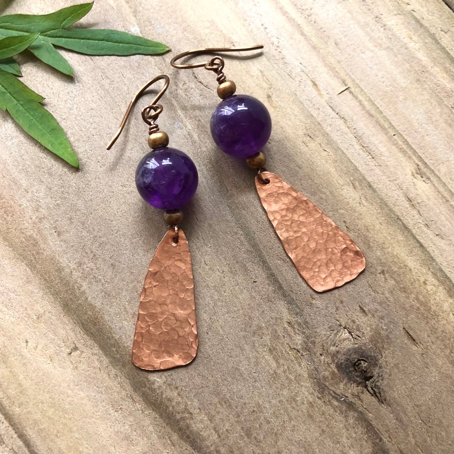 Amethyst & Copper Earrings. Gemstone Dangly Boho Bead Teardrop Dangle 