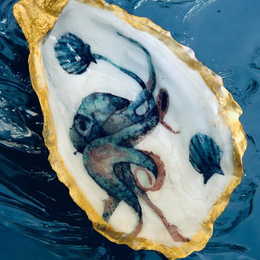 Octopus Oyster Shell Decoupage - Large Deep Trinket Dish - Gift Boxed