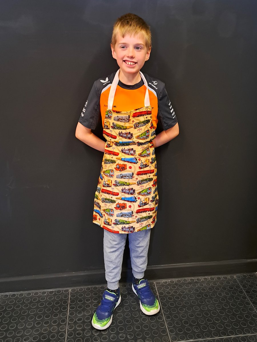 Train, Apron, age 10-16 years, small adult, hand made