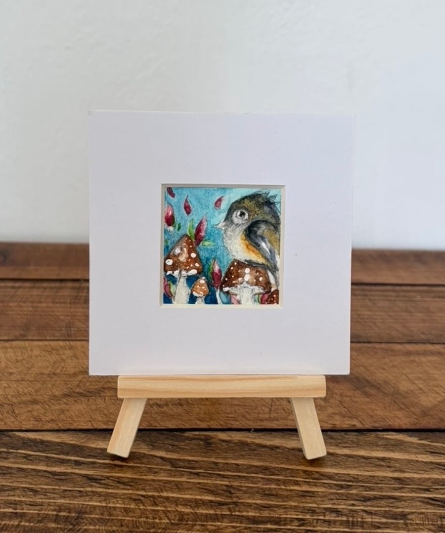 Mounted Miniature Original Bird Watercolour Whimsical Bird and Mushrooms Art