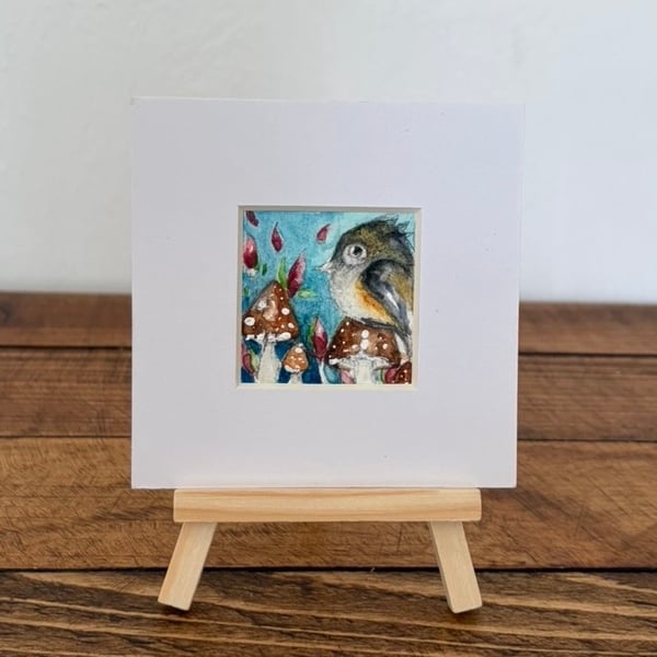 Mounted Miniature Original Bird Watercolour Whimsical Bird and Mushrooms Art
