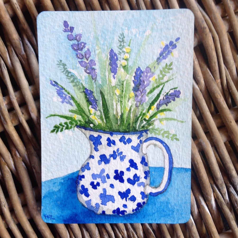 ACEO Original watercolour 'Blue and white jug with flowers'