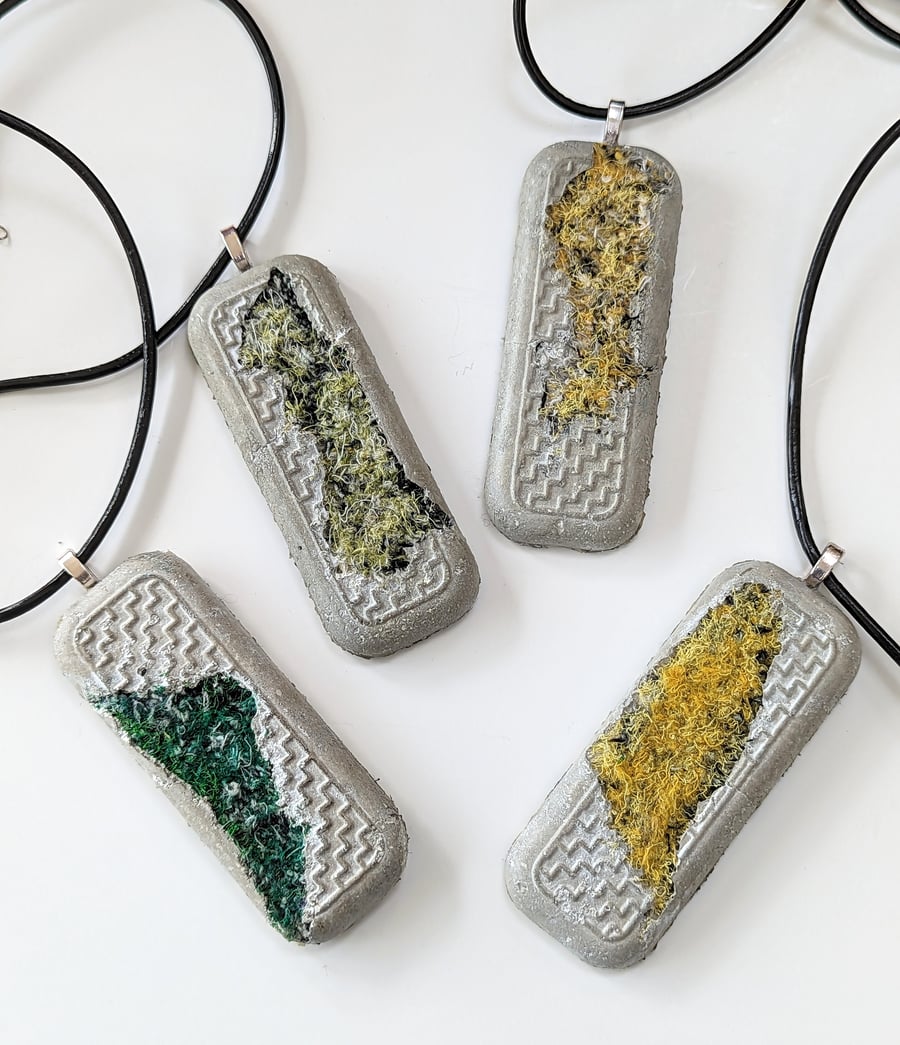 Green or Yellow Textile and Concrete Mixed Media Pendant Necklace 