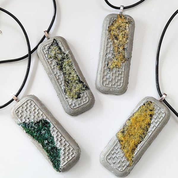 Green or Yellow Textile and Concrete Mixed Media Pendant Necklace 