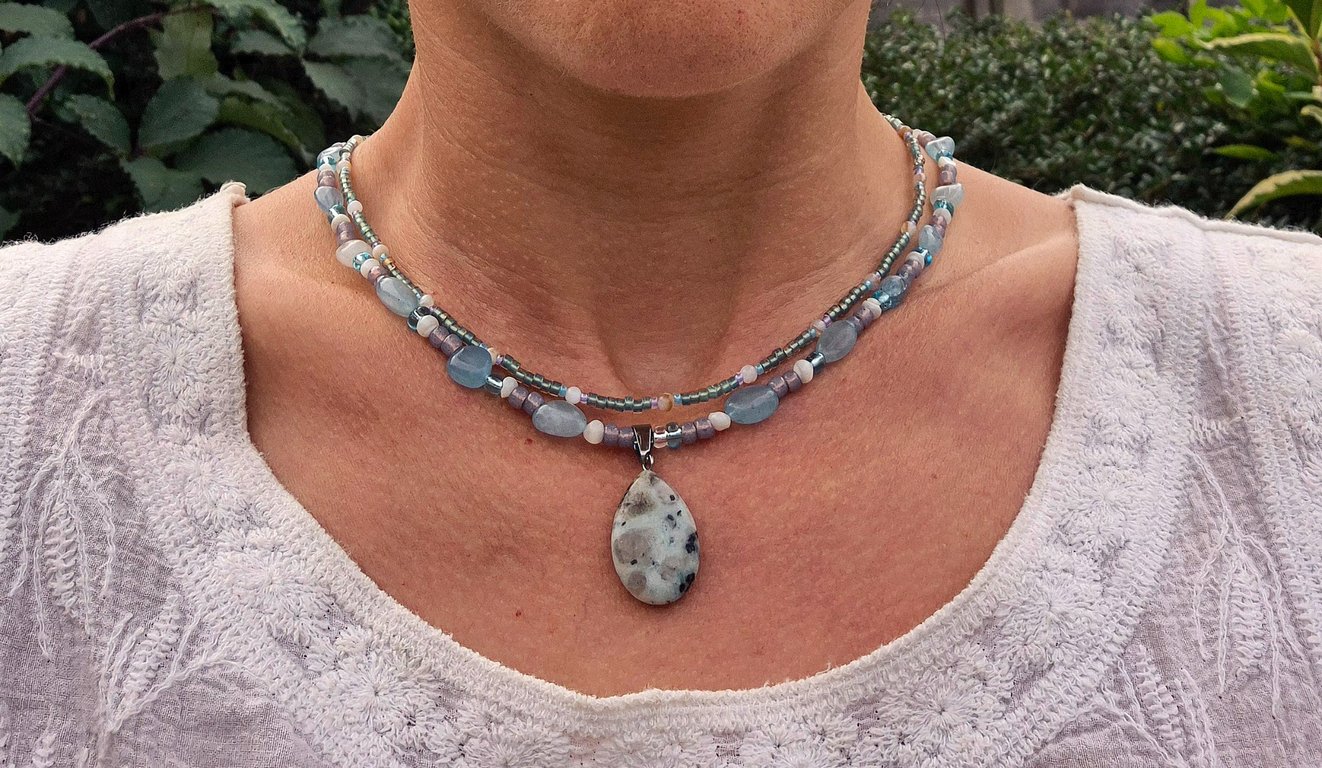 Ocean Mist Gemstone Necklace Aquamarine and Jasper Beaded Gift