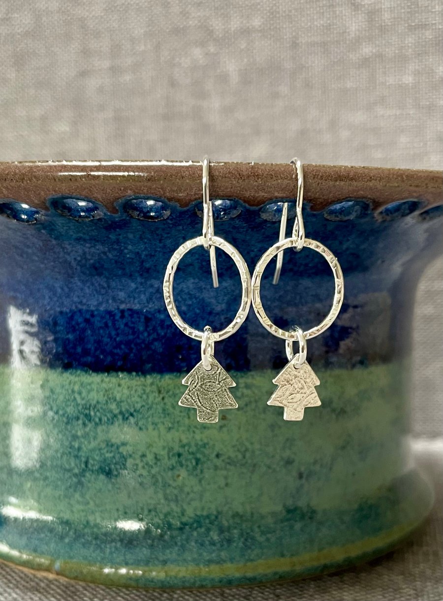 Christmas tree drop earrings, made from sterling silver
