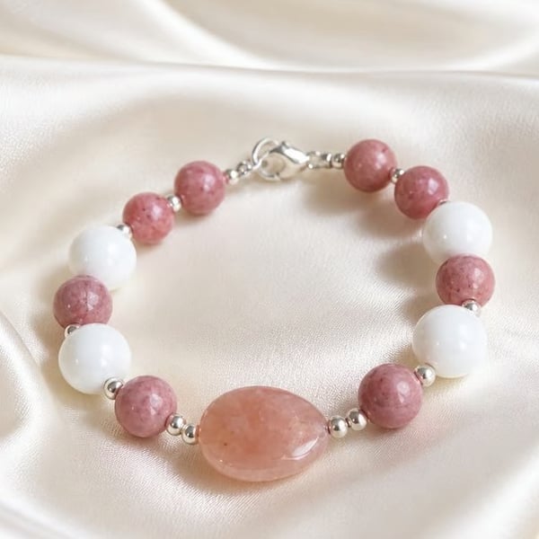 Sunstone, Jade & Rhodonite Sterling Silver Bracelet - Summer Jewellery