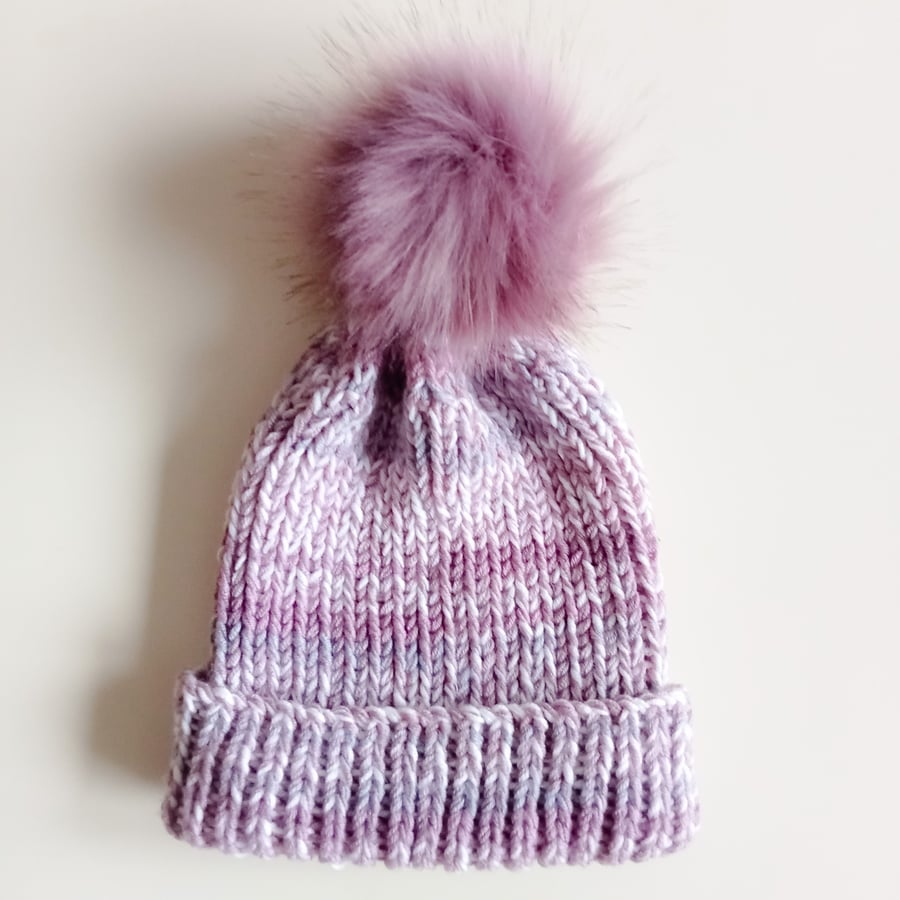 Hand Knit Ladies Pink Fizz Beanie Hat with Pom-Pom