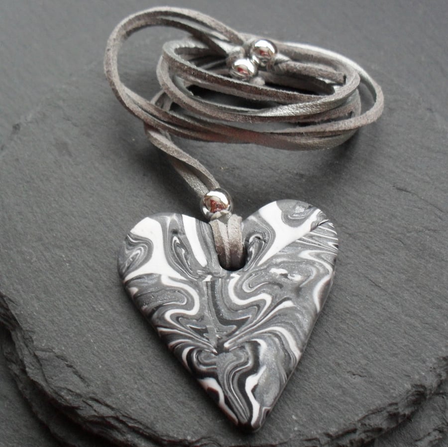  Black White and Silver Heart Polymer Clay Pendant 