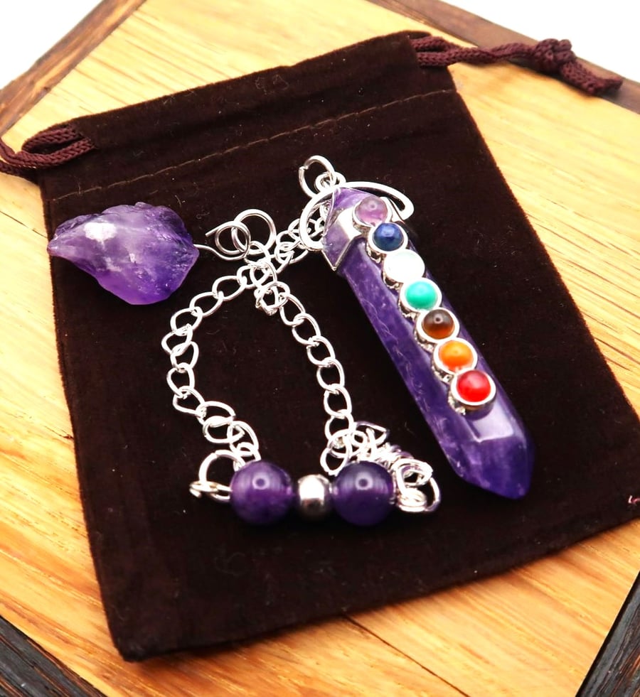Double Terminated Amethyst Point Chakra Pendulum with Pouch. Free UK P&P