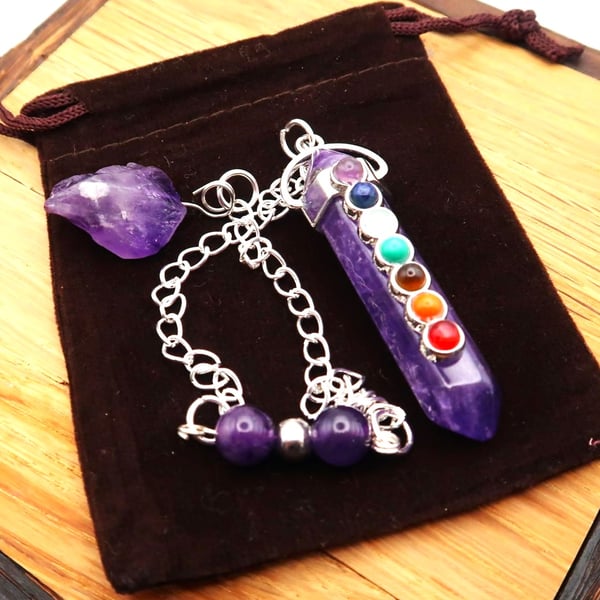 Double Terminated Amethyst Point Chakra Pendulum with Pouch. Free UK P&P