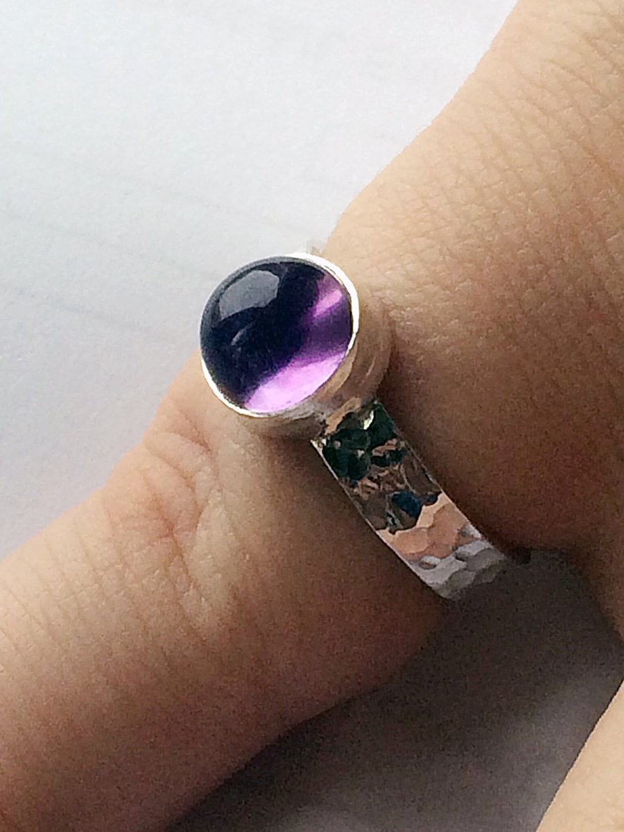 Beautiful Hammered Sterling Silver Purple Amethyst Cabochon Ladies Ring