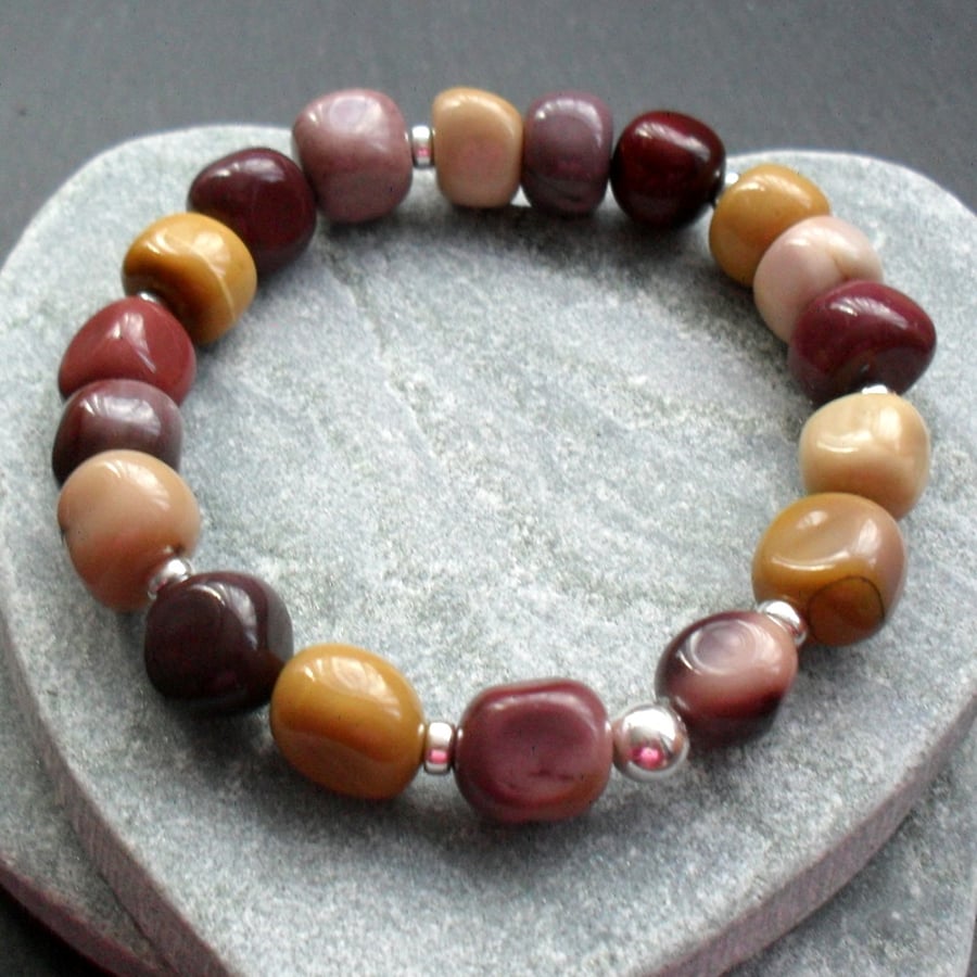 Mookite Semi Precious Gemstone Stretch Bracelet Sterling Silver  