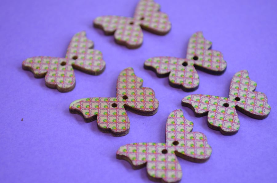 Wooden Butterfly Buttons Pink Green 6pk 28x20mm (B6)