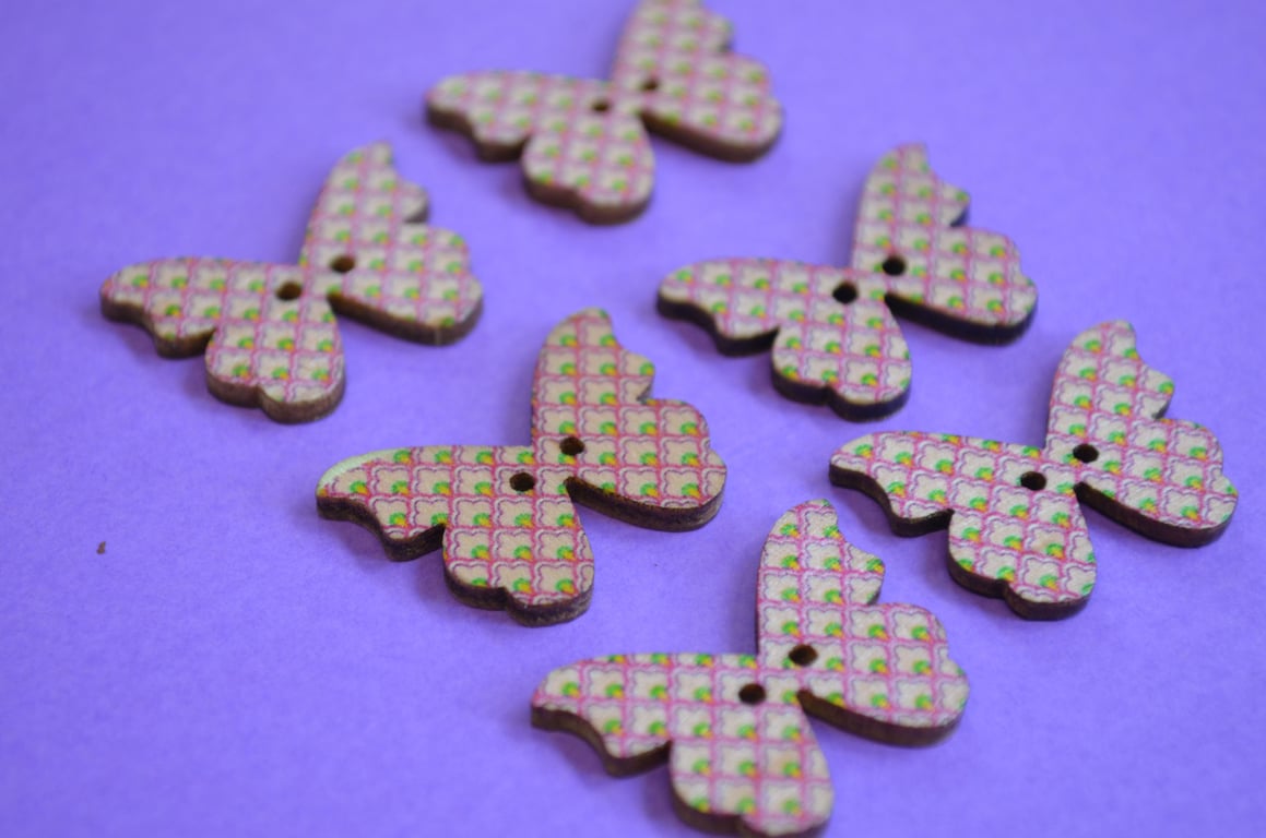 Wooden Butterfly Buttons Pink Green 6pk 28x20mm (B6)