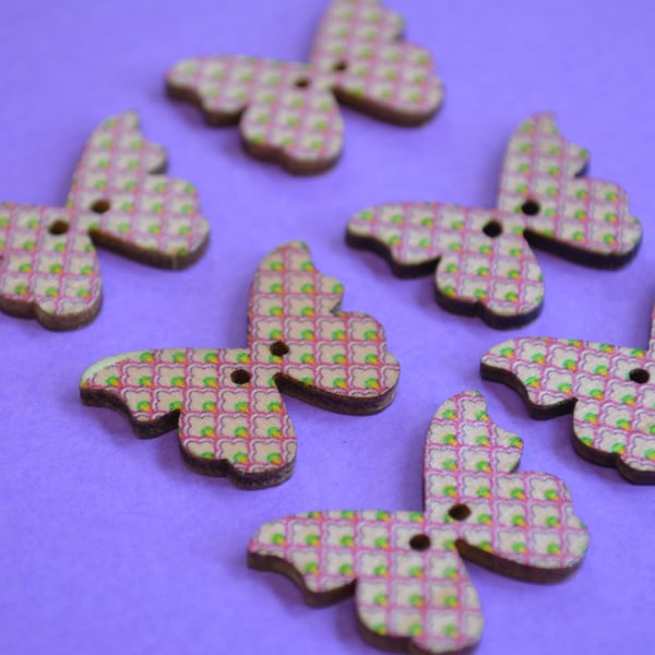 Wooden Butterfly Buttons Pink Green 6pk 28x20mm (B6)