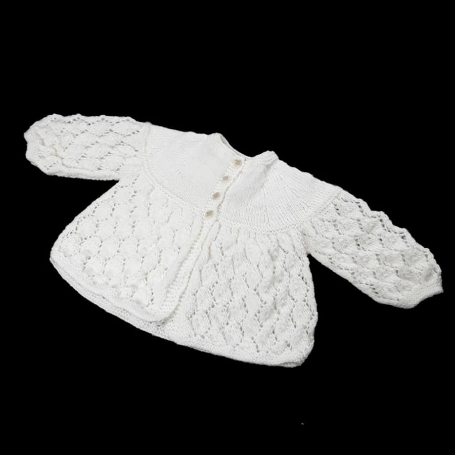 Pretty lacy diamond patterned baby cardigan hand knitted lightweight soft cream 