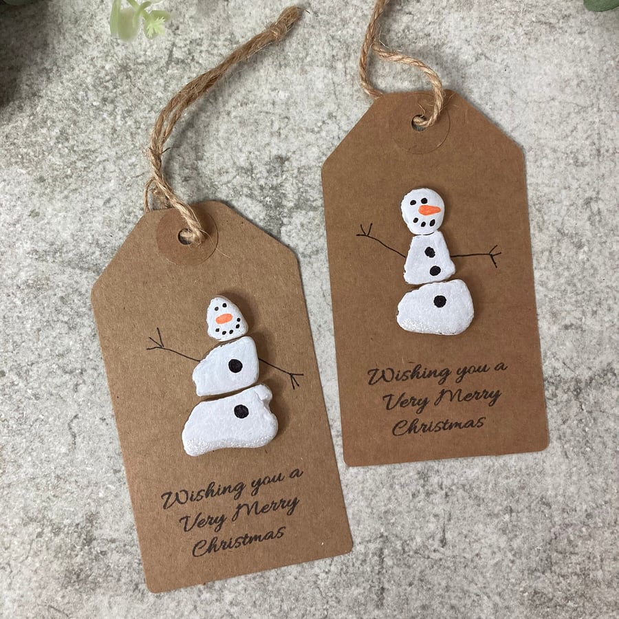 Christmas Gift Tags: Pack of 2 Sea Glass Snowmen