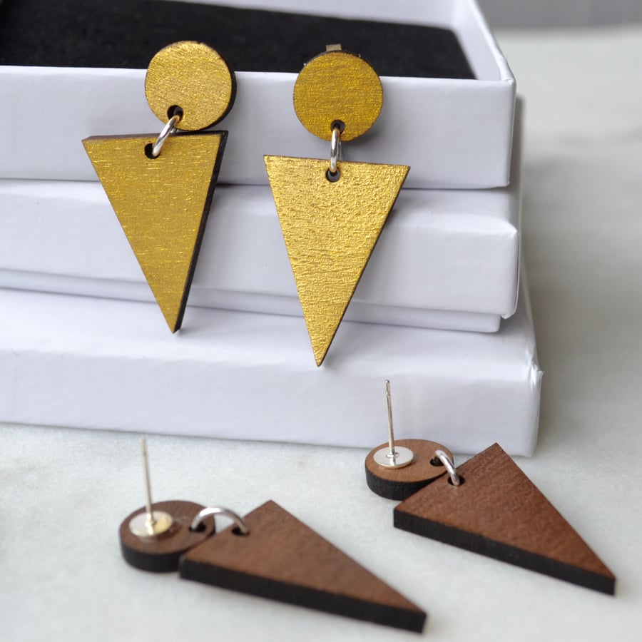 Wooden Gold-painted Two-part Dangly Earring with Triangle