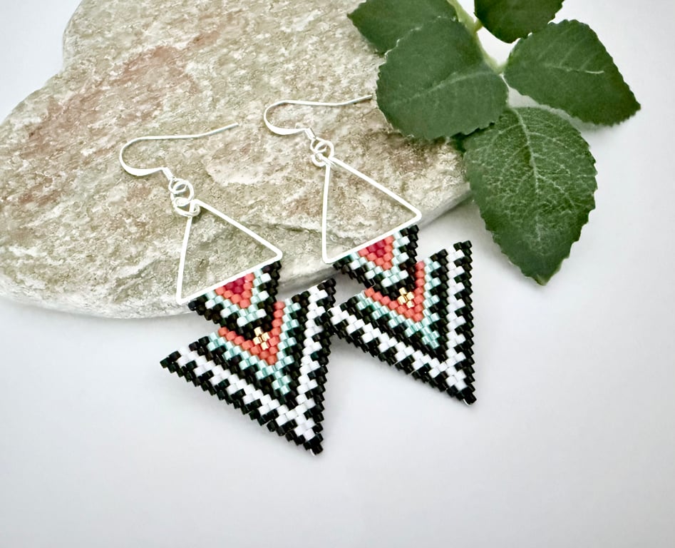 Colourful tribal style bead woven triangle earrings