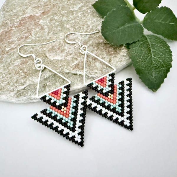 Colourful tribal style bead woven triangle earrings
