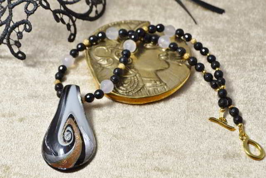 Black Tourmaline & Murano Glass Necklace