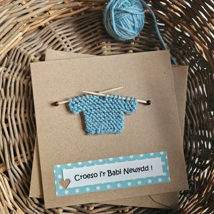 Croeso i'r Babi Newydd Welsh New Baby Card Duck Egg Blue Size 5" x 5"