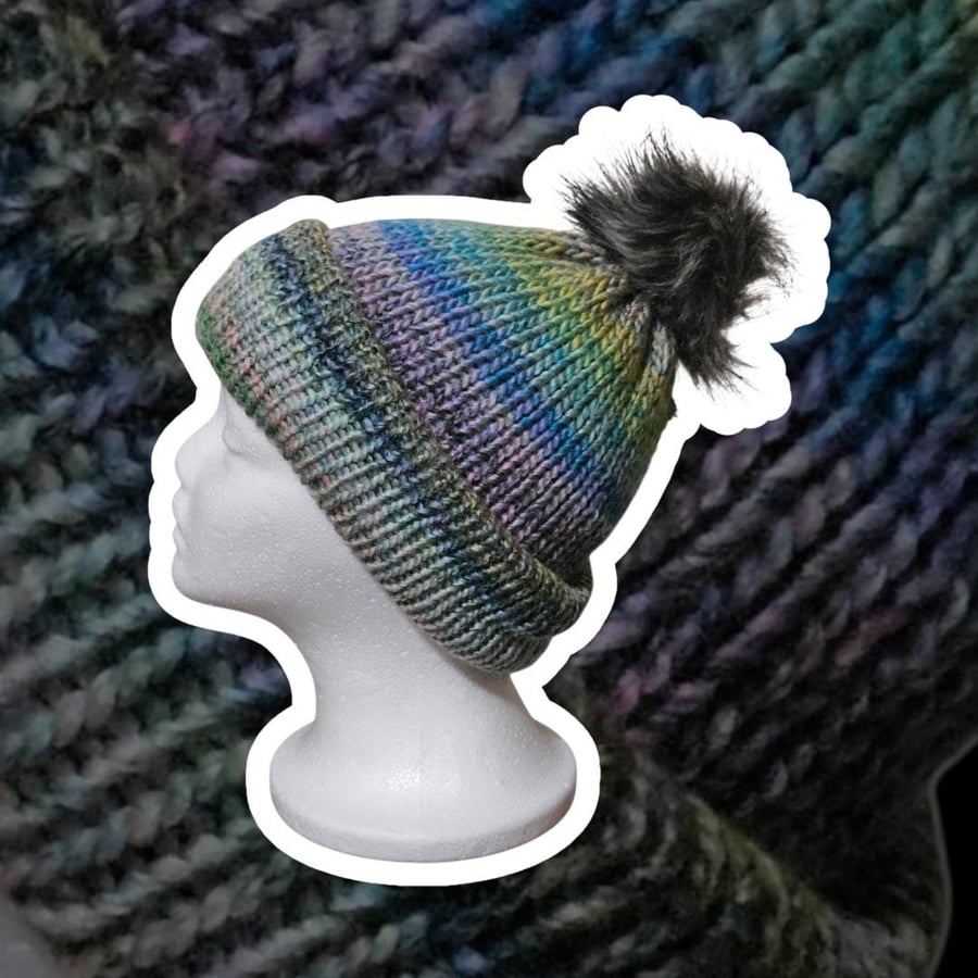Winter Hat With Faux Fur Bobble (handmade)