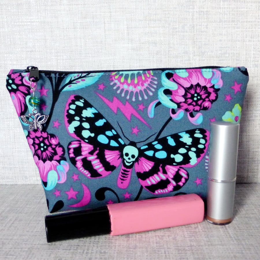 Make up bag, zipped pouch, cosmetic bag, butterflies, skulls