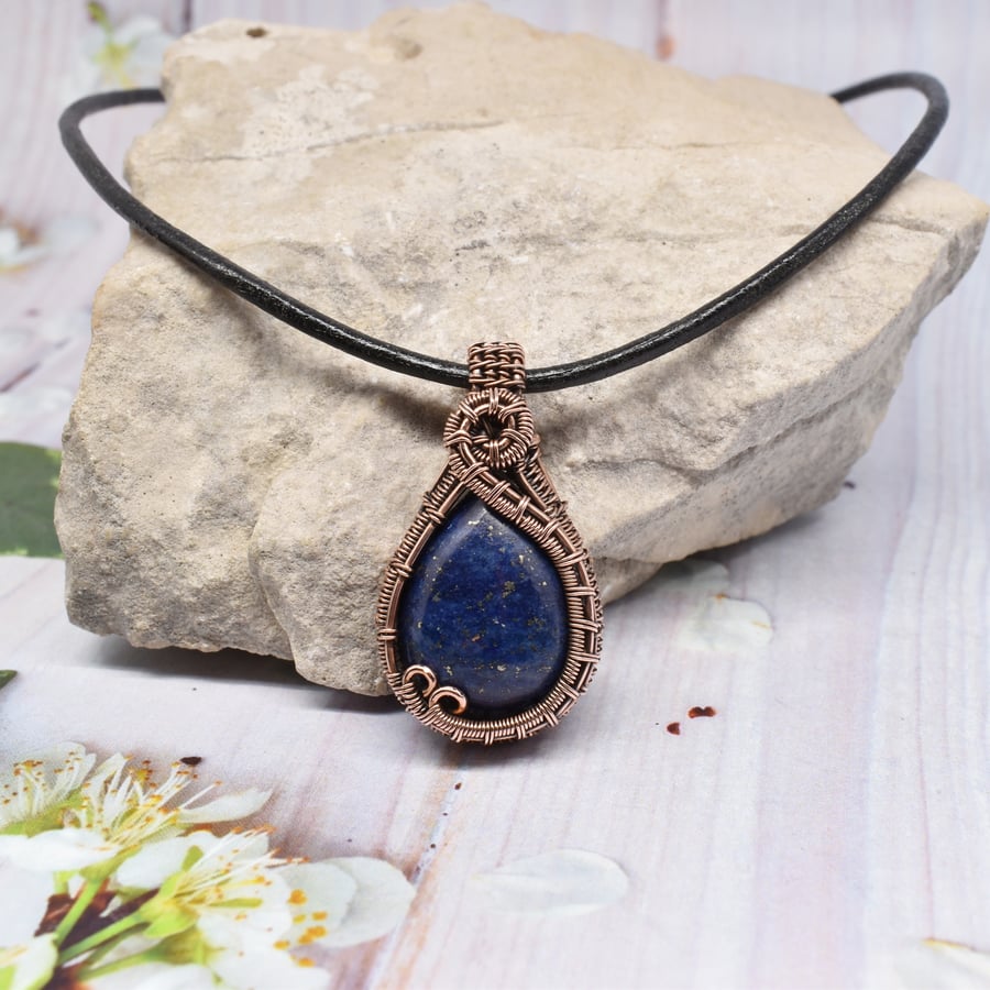 Wire Woven Dainty Lapis Lazuli and Copper Pendant