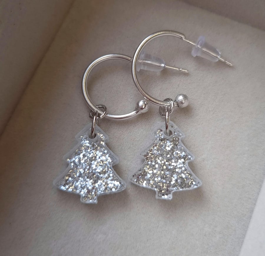 Silver Glitter Encrusted Resin Xmas Tree Half Hoop Earring- Christmas Collection