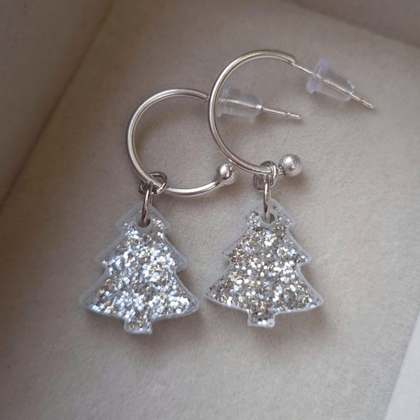 Silver Glitter Encrusted Resin Xmas Tree Half Hoop Earring- Christmas Collection