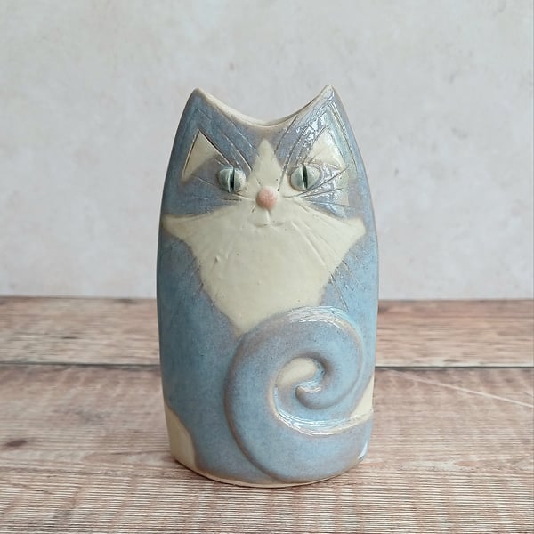 Small handbuilt pottery Cat vase 