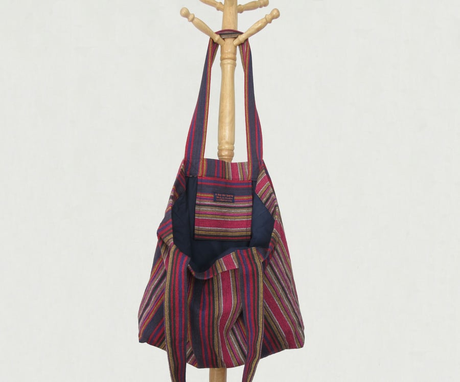Large cotton tote bag, woven multi-stripe, lined. 'One of a kind'.