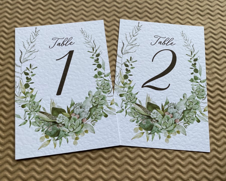 Succulents TABLE NUMBERS cactus eucalyptus wedding rustic leaves foliage card