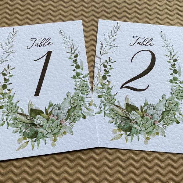 Succulents TABLE NUMBERS cactus eucalyptus wedding rustic leaves foliage card