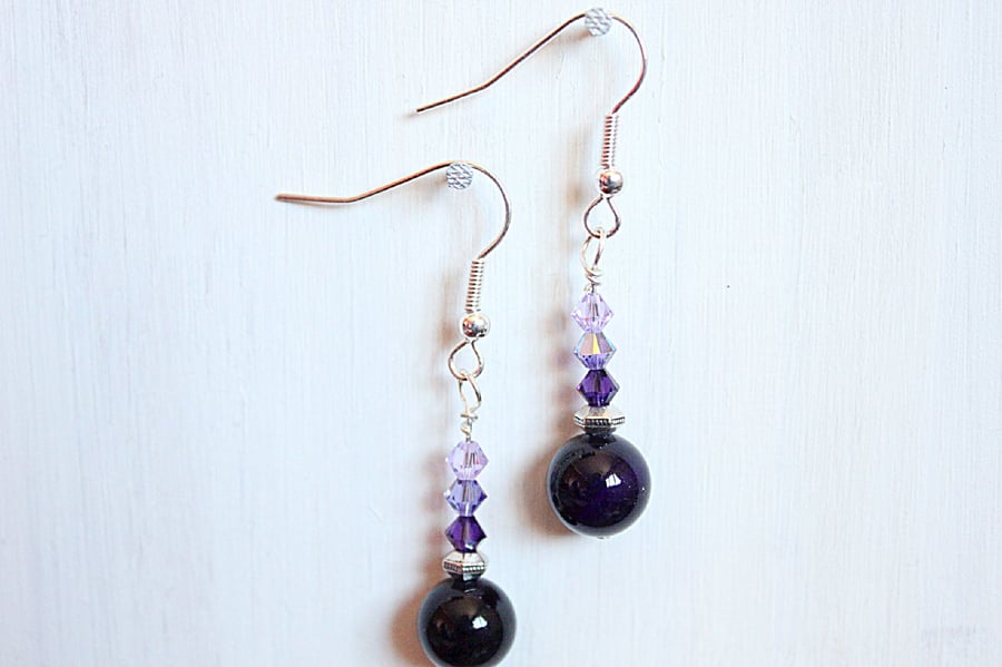 Deep purple agate and Swarovski crystal dangle earrings