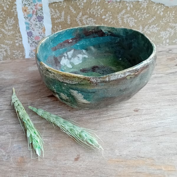 Earthenware pottery painted bowl rustic organic shape green brown pinch pot